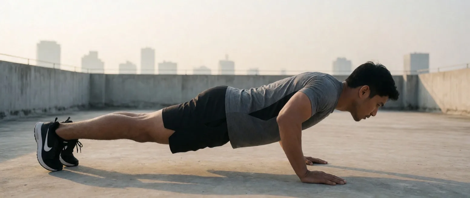 Man exercising on a rooftop at dawn