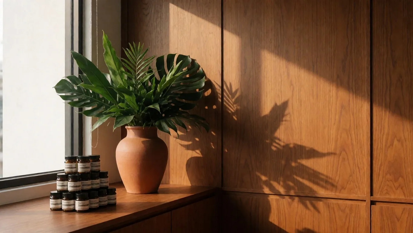 Alam Perkasa office interior with supplement samples on a wooden desk