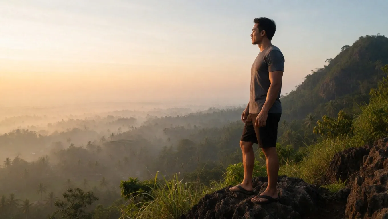 Active Indonesian man on a mountain ridge at dawn