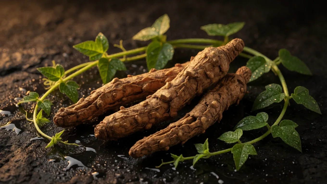 Ginseng roots and green tea leaves on dark surface