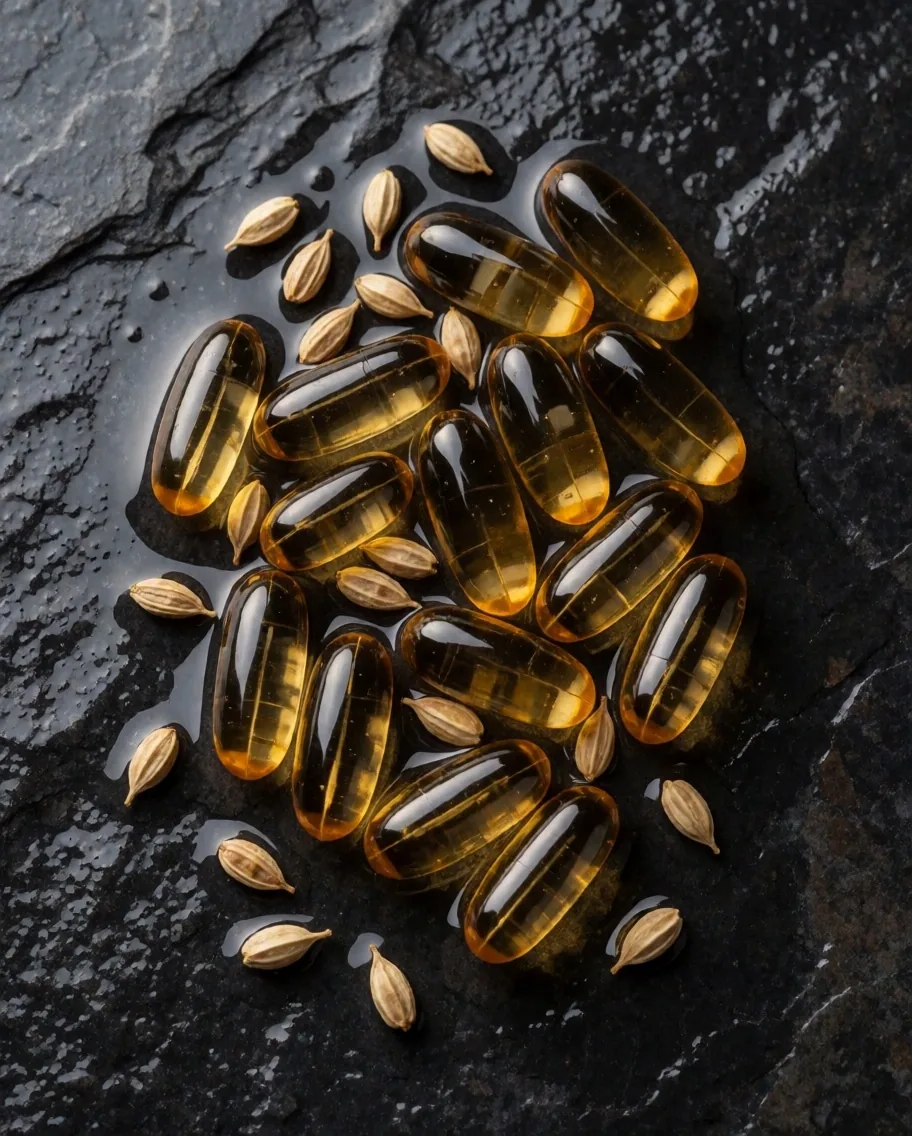 Supplement capsules and dried herbs on stone surface