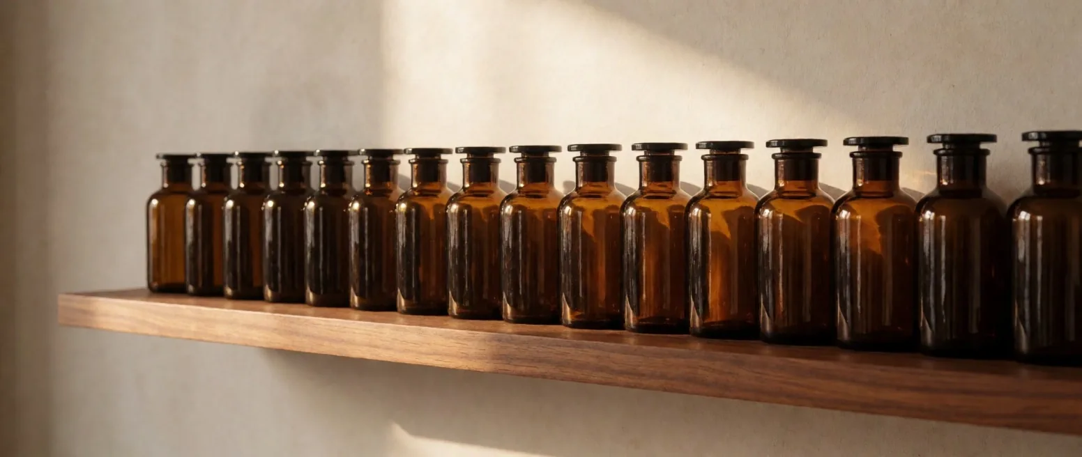 Amber glass supplement bottles on a wooden shelf