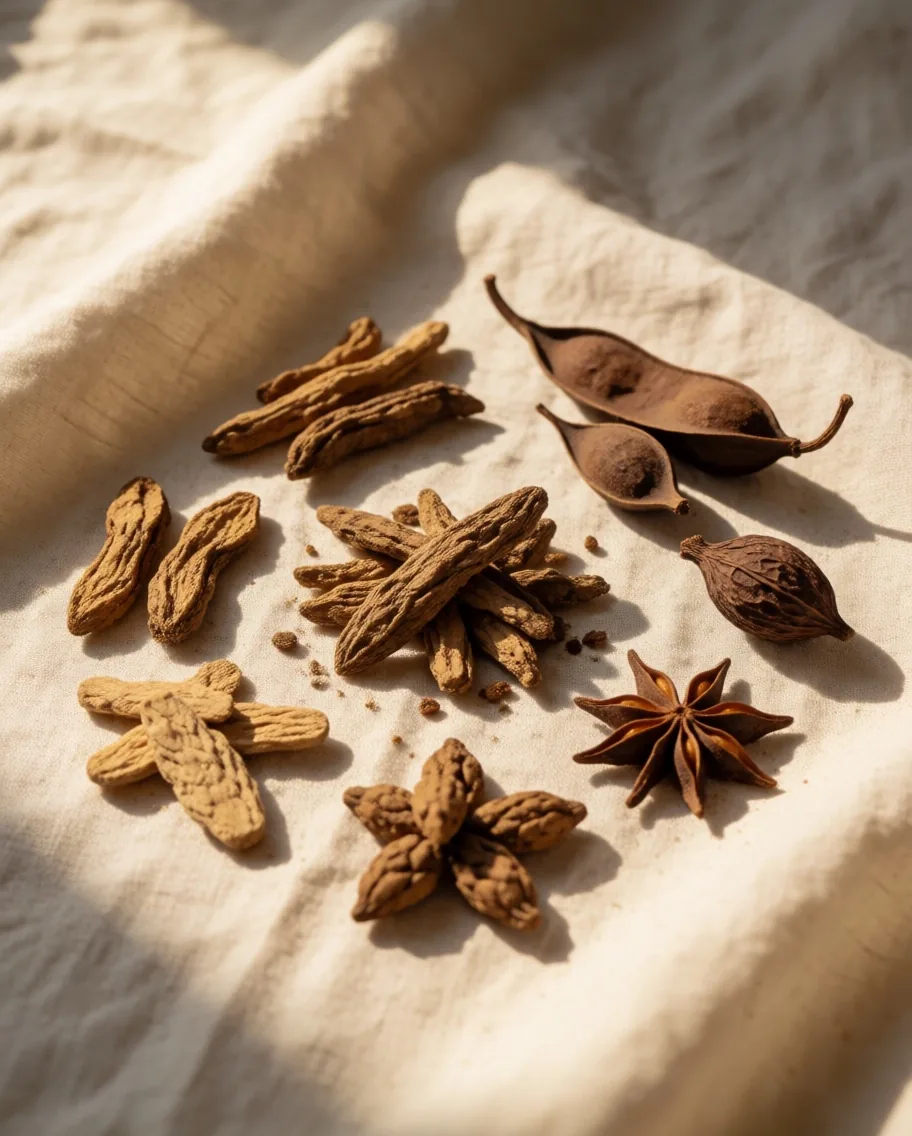 Dried herbal roots and botanical extracts on linen